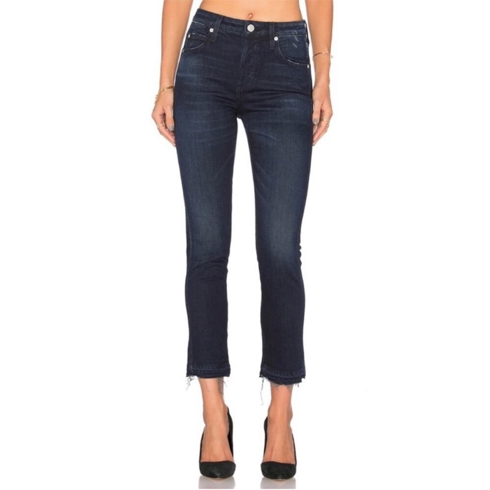 Amo high rise button fly frayed hem babe jean dark wash